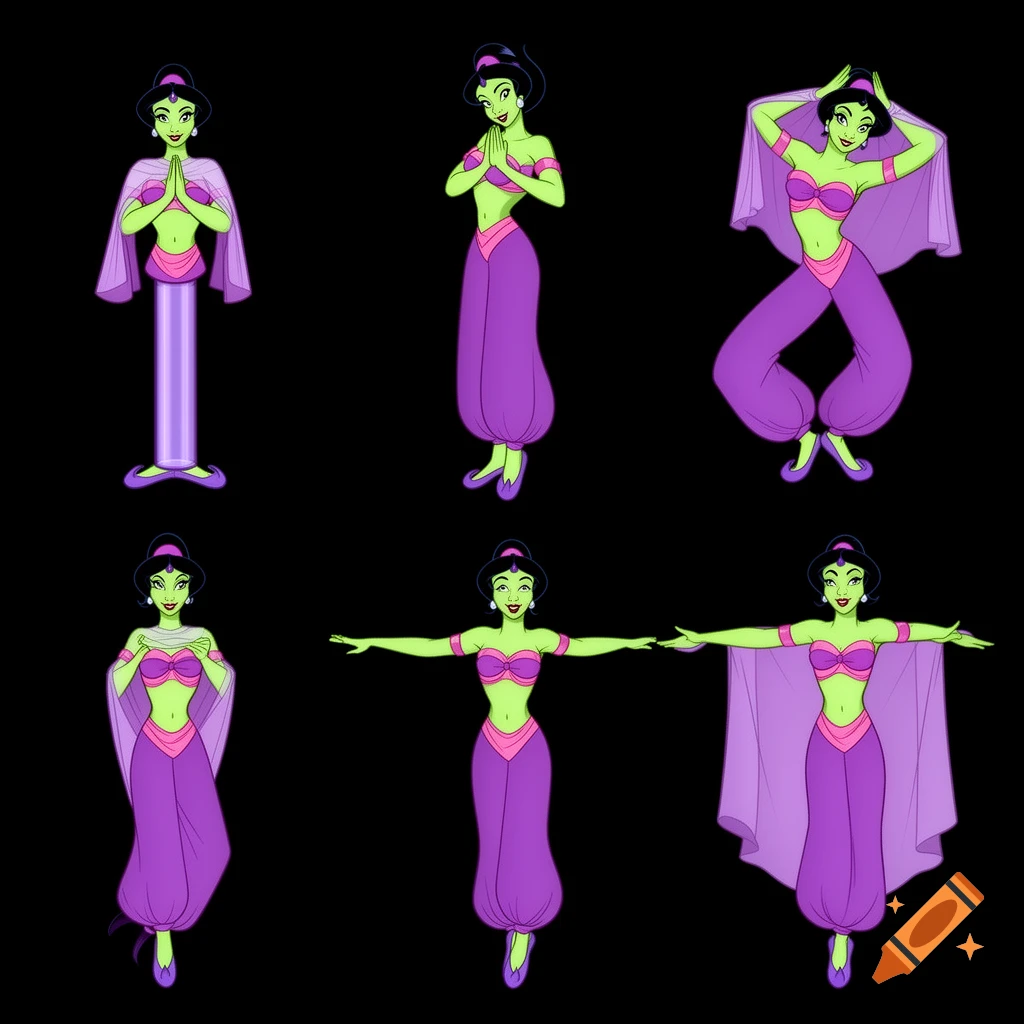 Six cartoon illustrations of a green-skinned woman with black hair, wearing a purple bra, harem pants, and a pink sash, in various dancing poses against a black background.