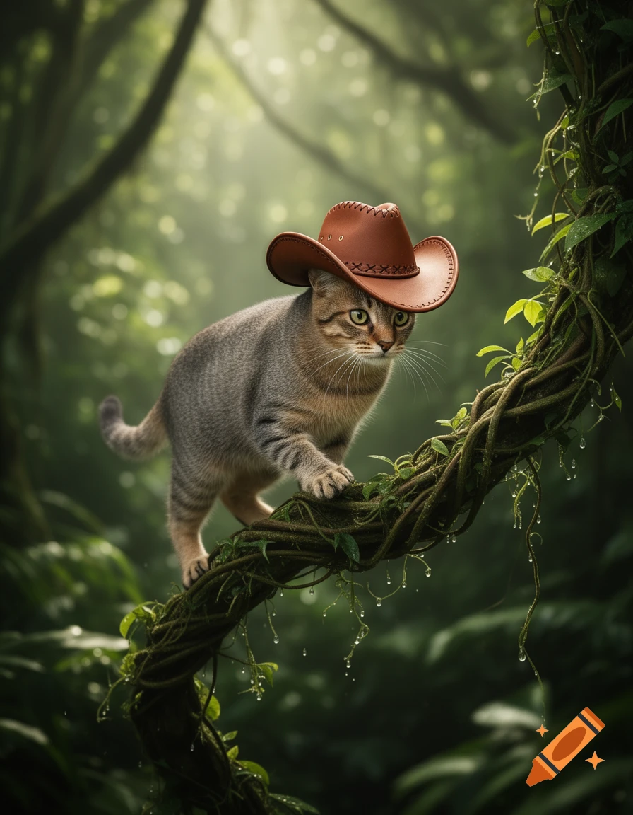 A photorealistic tabby cat in a cowboy hat carefully walks on a thick, leafy vine in a lush, misty jungle.