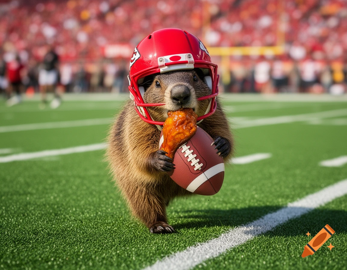 A groundhog wearing a red football helmet, holding a football and eating a chicken wing on a football field.