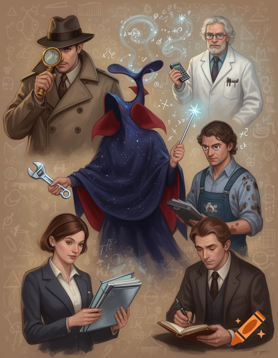 Illustration of a detective, magician, scientist, mechanic, secretary, and writer, surrounded by symbols.