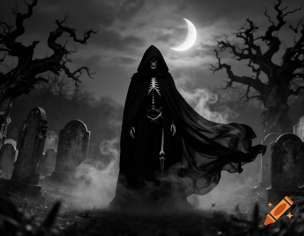 A hooded Grim Reaper in a flowing black cloak stands amidst tombstones in a foggy, moonlit graveyard with gnarled trees.