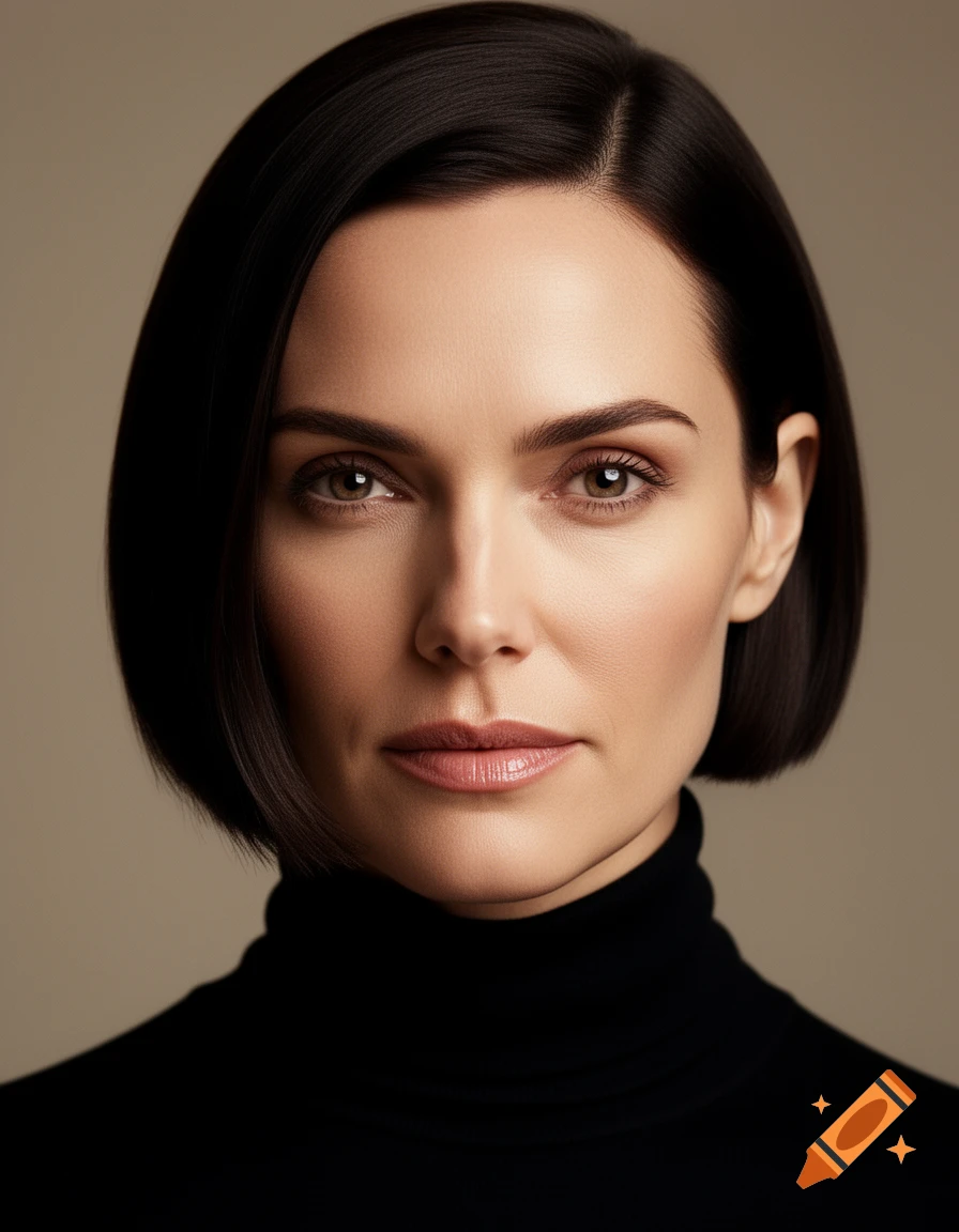 Photorealistic close-up portrait of a woman with dark bob-cut hair and a black turtleneck, looking directly at the viewer.