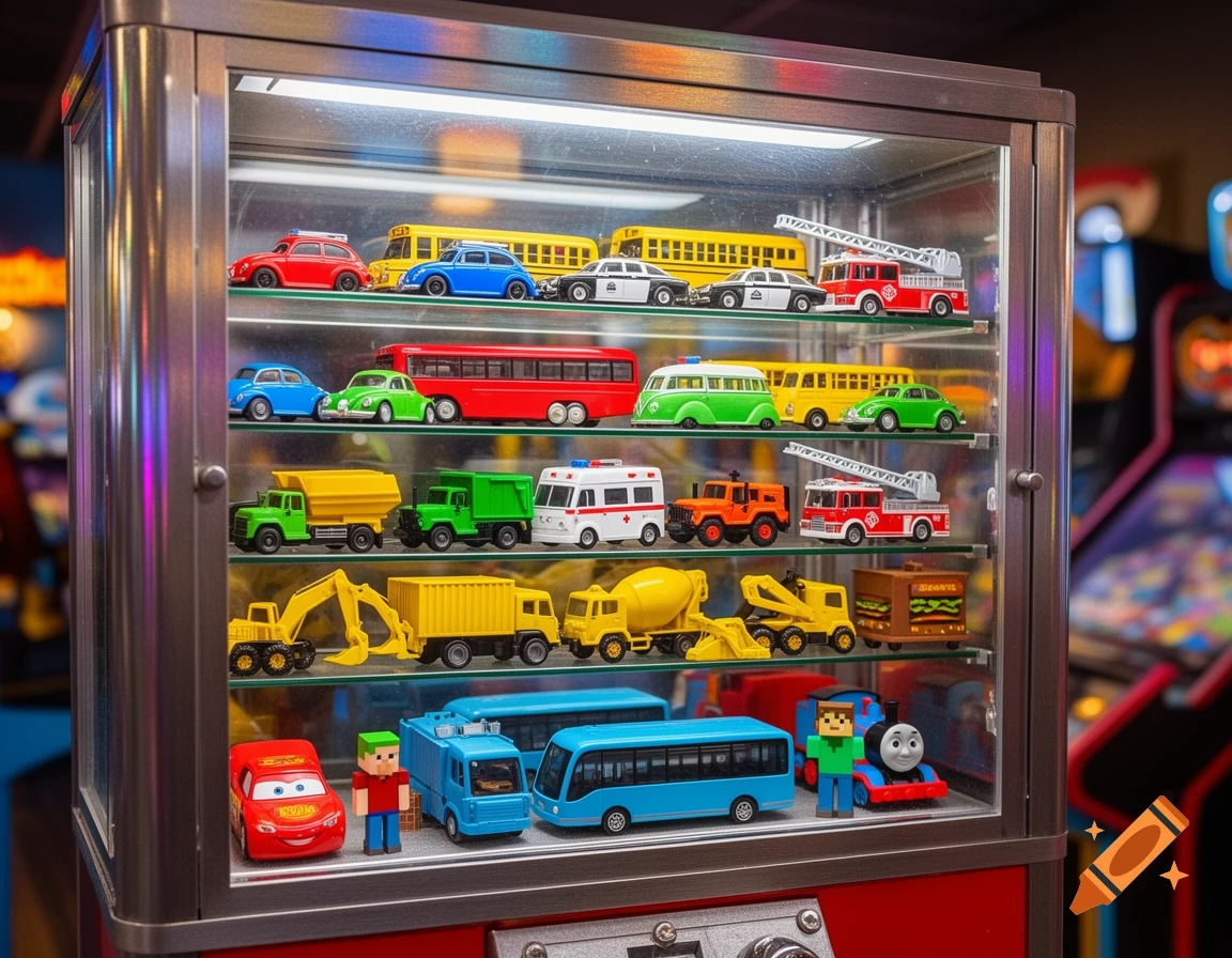 A display case with shelves full of colorful toy cars and trucks, including school buses, fire trucks, and characters like Lightning McQueen and Thomas the Tank Engine.