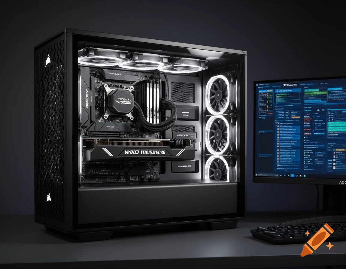 A high-end custom-built desktop computer with internal RGB lighting, next to a monitor displaying code or data.