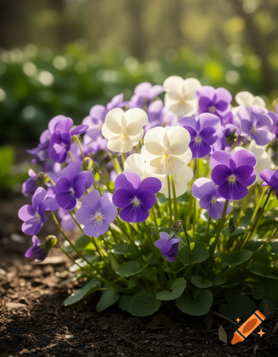 A photorealistic close-up of a bush of purple and white Viola cornuta flowers growing in dark soil with a soft green background.