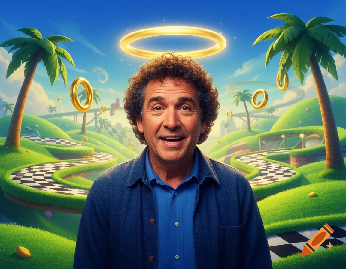 Smiling Richard Lewis with a golden halo stands in a vibrant, cartoonish Sonic the Hedgehog Green Hill Zone landscape with palm trees and golden rings.