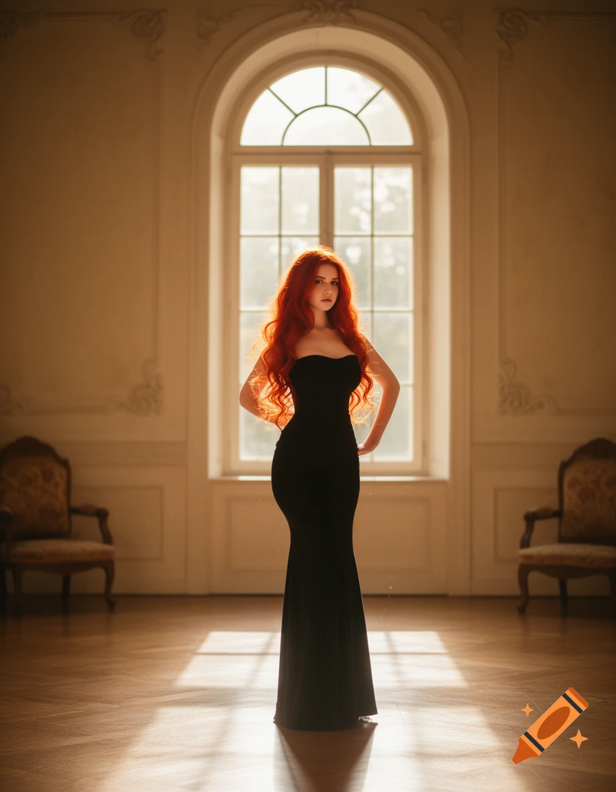 A photorealistic image of a red-haired woman in a black strapless mermaid gown standing with hands on hips in an elegant room with a large arched window.