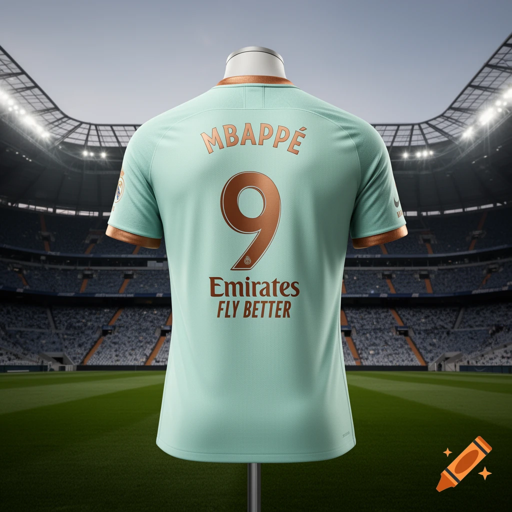 A photorealistic shot of the back of a light mint green football jersey with metallic copper-gold details, featuring "MBAPP 9" and "Emirates FLY BETTER" displayed in a modern stadium.