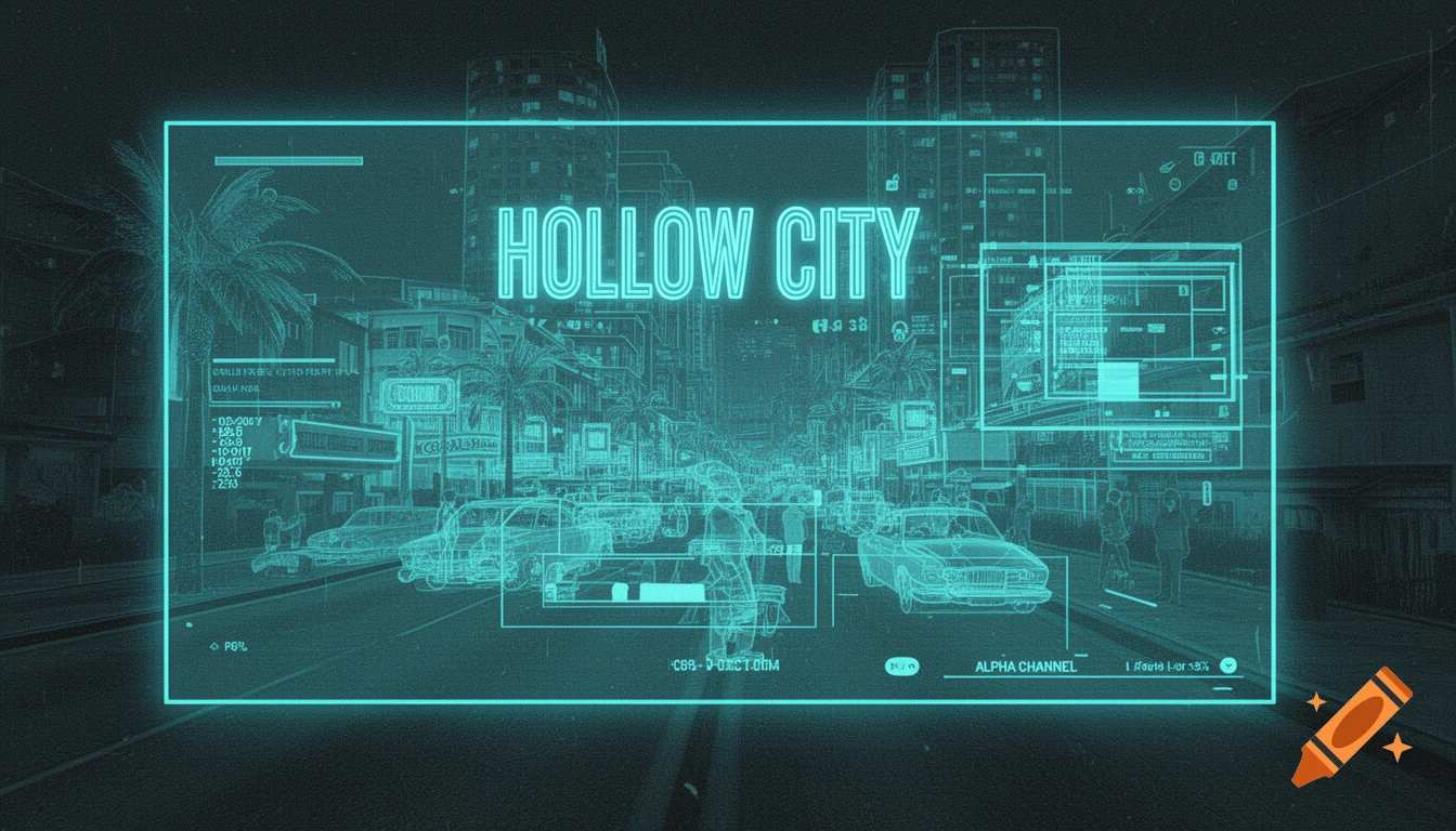 A neon cyan wireframe overlay depicting "HOLLOW CITY" over a city street at night with cars and palm trees, styled as a retro futuristic UI.