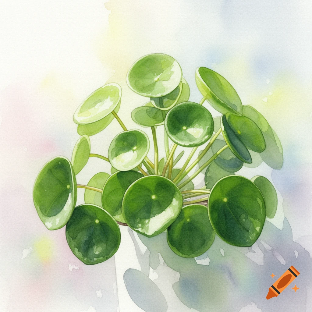 A Pilea peperomioides plant with round green leaves, rendered in a soft watercolor style against a light background.