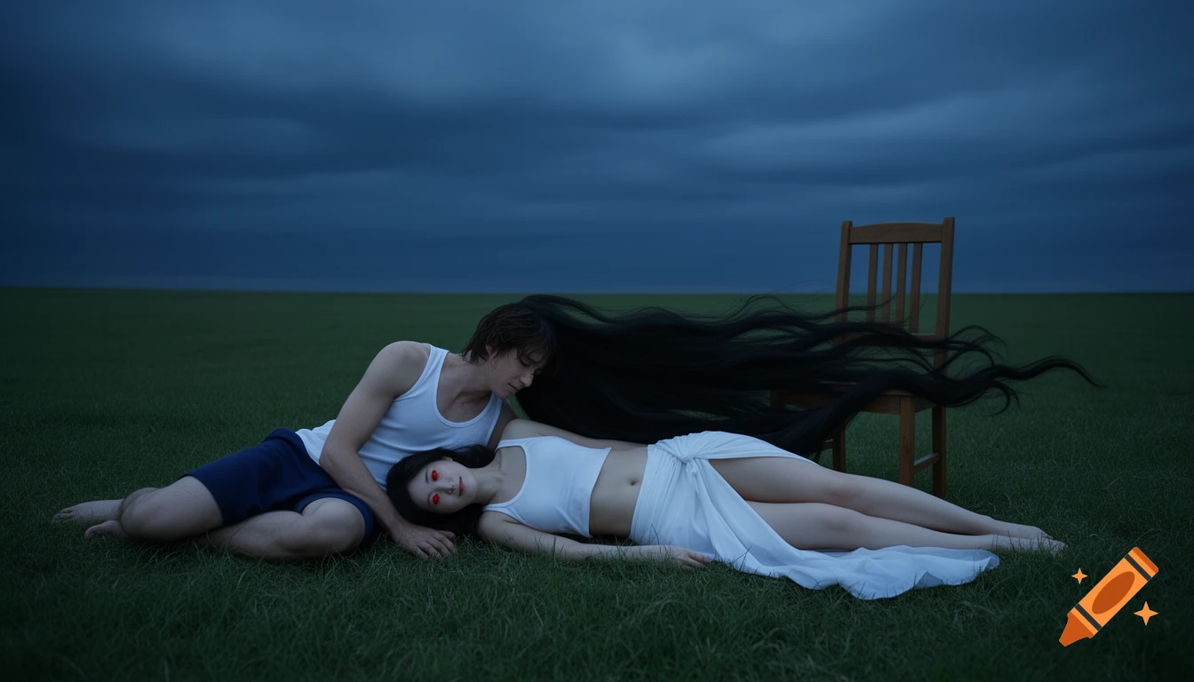 A man sadly leans over a pale woman with red eyes and absurdly long black hair, both lying in green grass under a dark cloudy sky near a wooden chair.