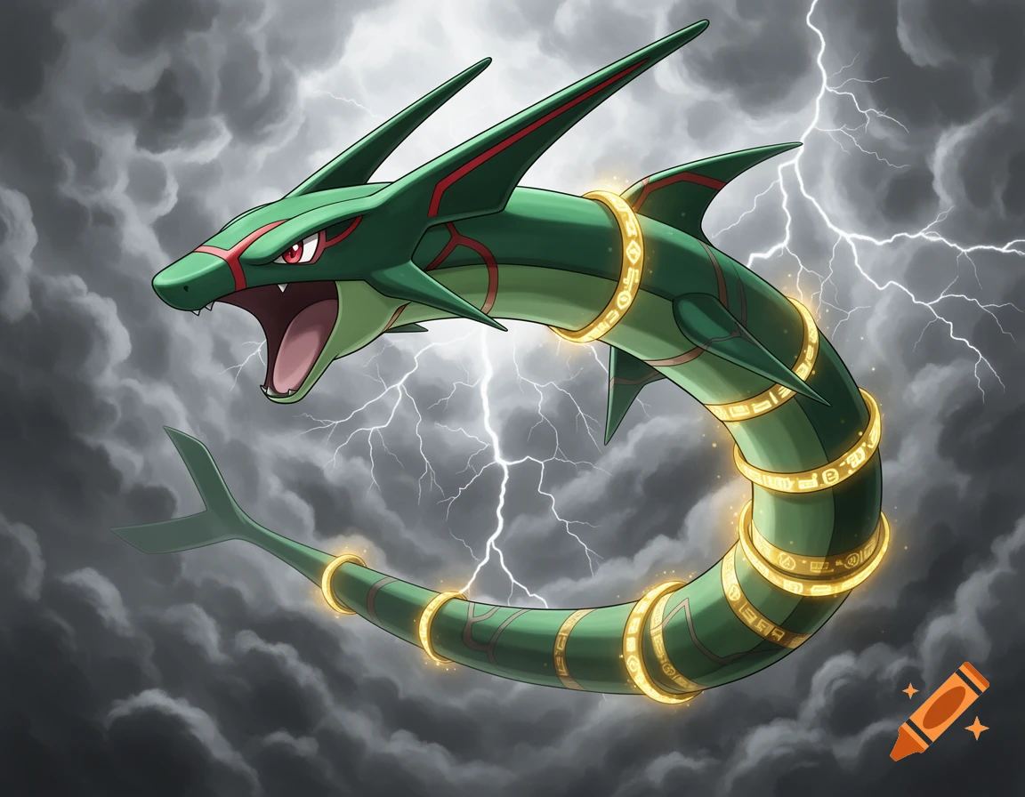 A fierce green serpentine Pokémon, Rayquaza, with golden rings, coils against a stormy, lightning-filled sky.