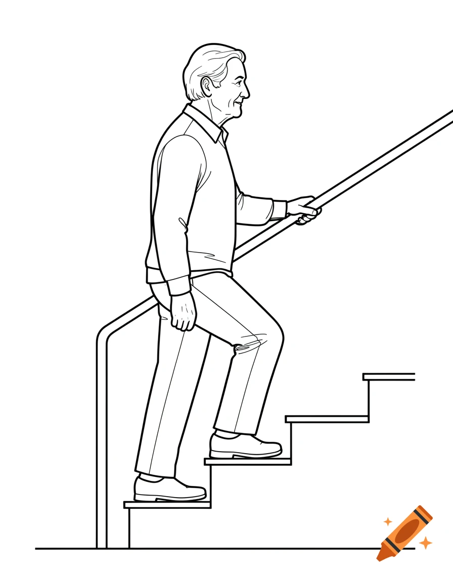 Line drawing of an older adult stepping up stairs, holding a handrail for support.