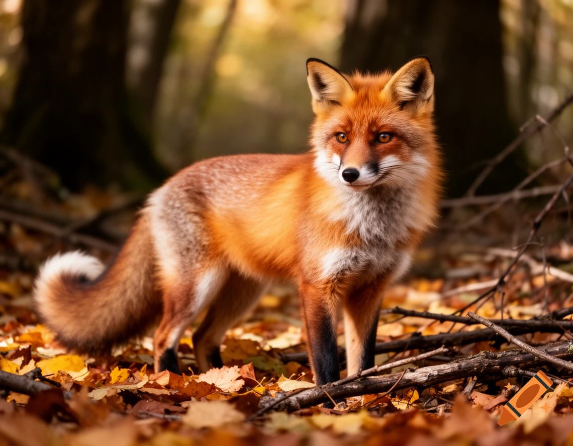 A vibrant red fox stands alert among golden autumn leaves in a sunlit forest.