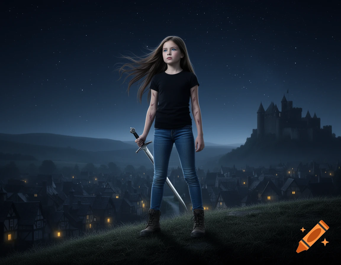 A photorealistic image of a young girl with a sword, standing on a hill overlooking a medieval village and castle at night.