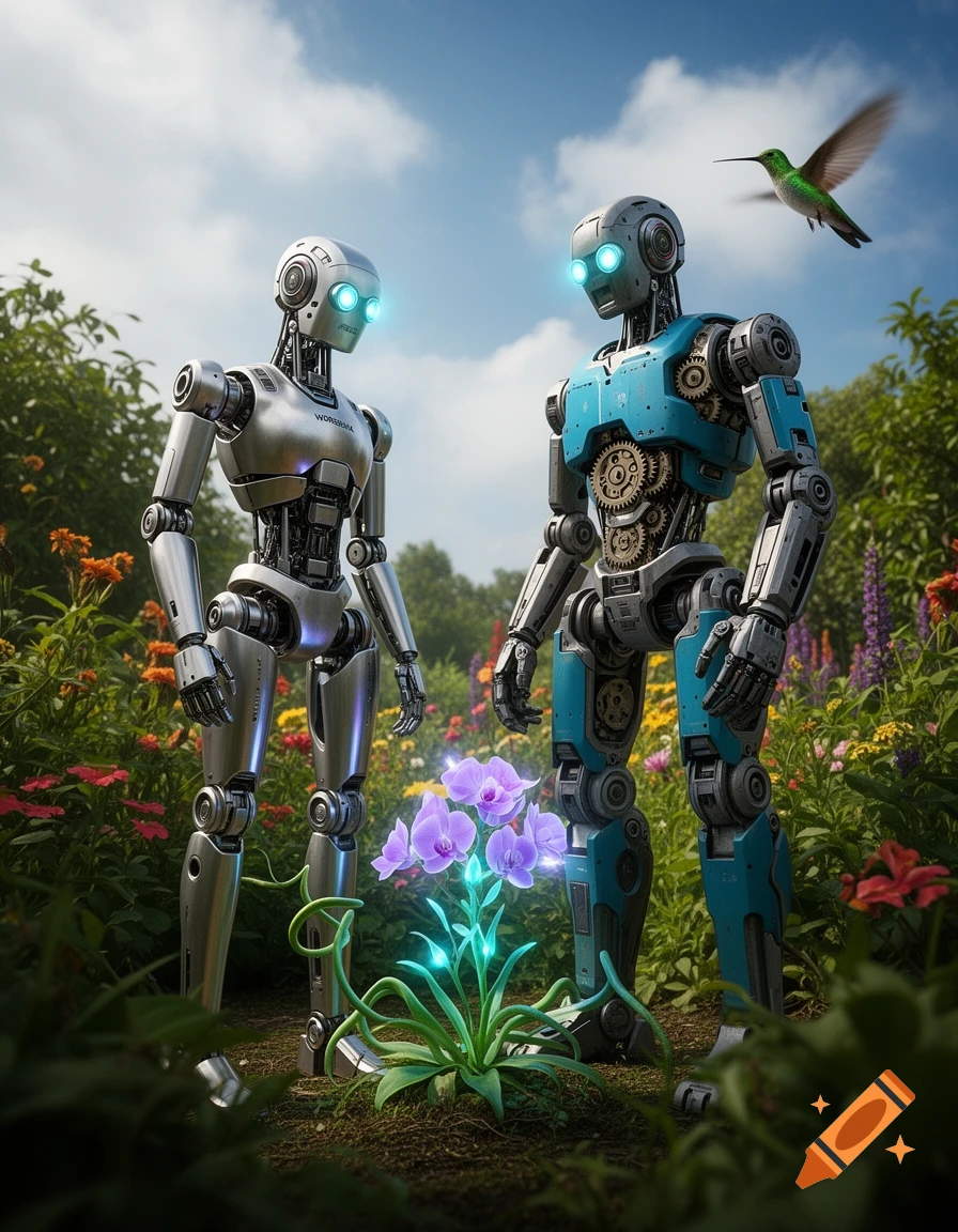 Two robots in a vibrant garden, one silver and one blue, gaze at a glowing purple orchid as a hummingbird flies nearby.