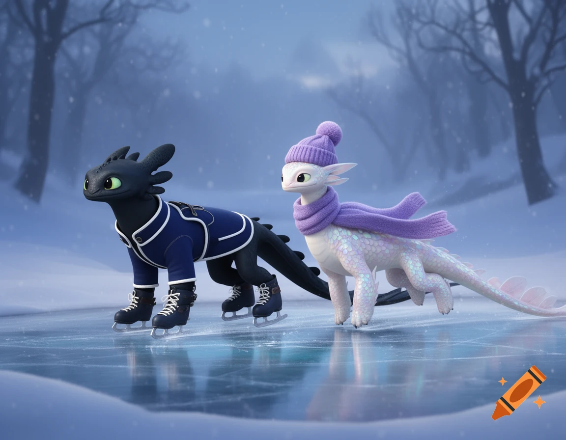 Toothless and Light Fury dragons, dressed in winter coats, hats, and scarves, ice skate on a frozen pond in a snowy forest.