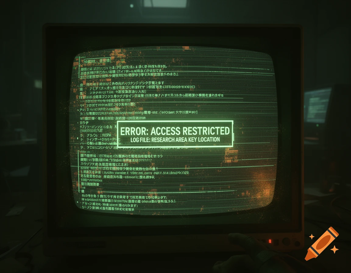 Retro computer monitor displaying green and amber system logs, data corruptions, and an 'ERROR: ACCESS RESTRICTED' warning in a dark, sci-fi hacking scene.