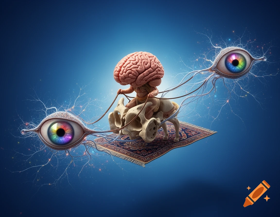 A surreal image of a brain-like figure riding a skull on a magic carpet, pulled by two vibrant, rainbow-irised eyeballs with nerve-like reins, against a glowing blue background.