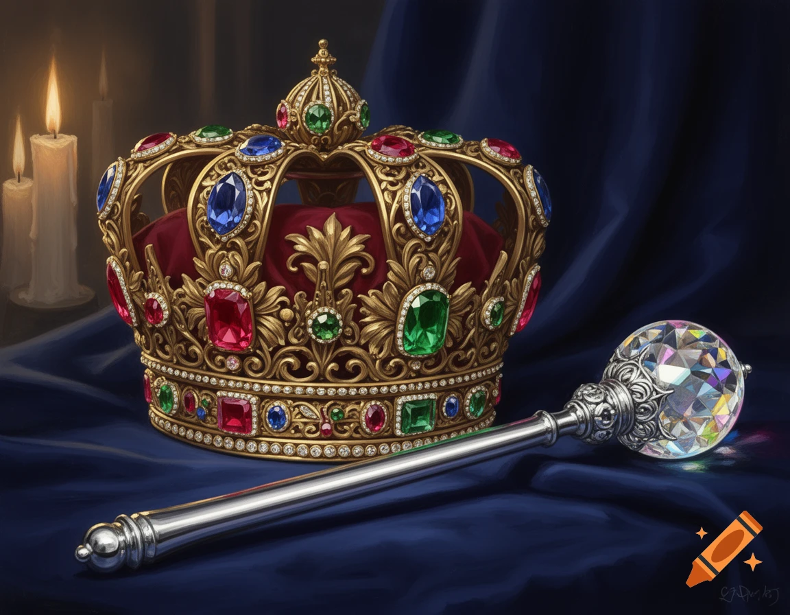 An ornate golden crown with large red, blue, and green jewels rests on a deep blue velvet cloth next to a crystal scepter. Candles glow in the background.