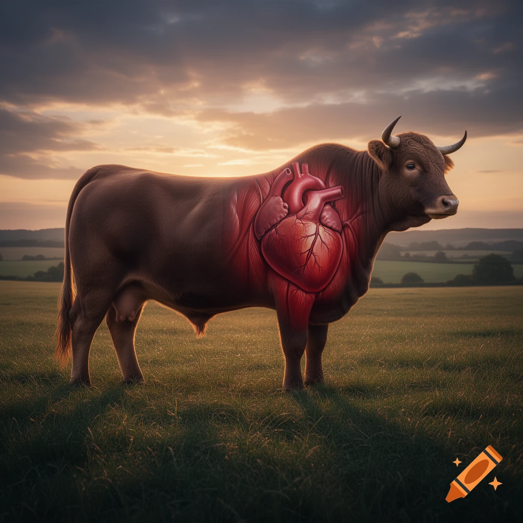 Photorealistic image of a brown bull with a large red anatomical heart visible on its side, standing in a grassy field under a cloudy sunset sky.