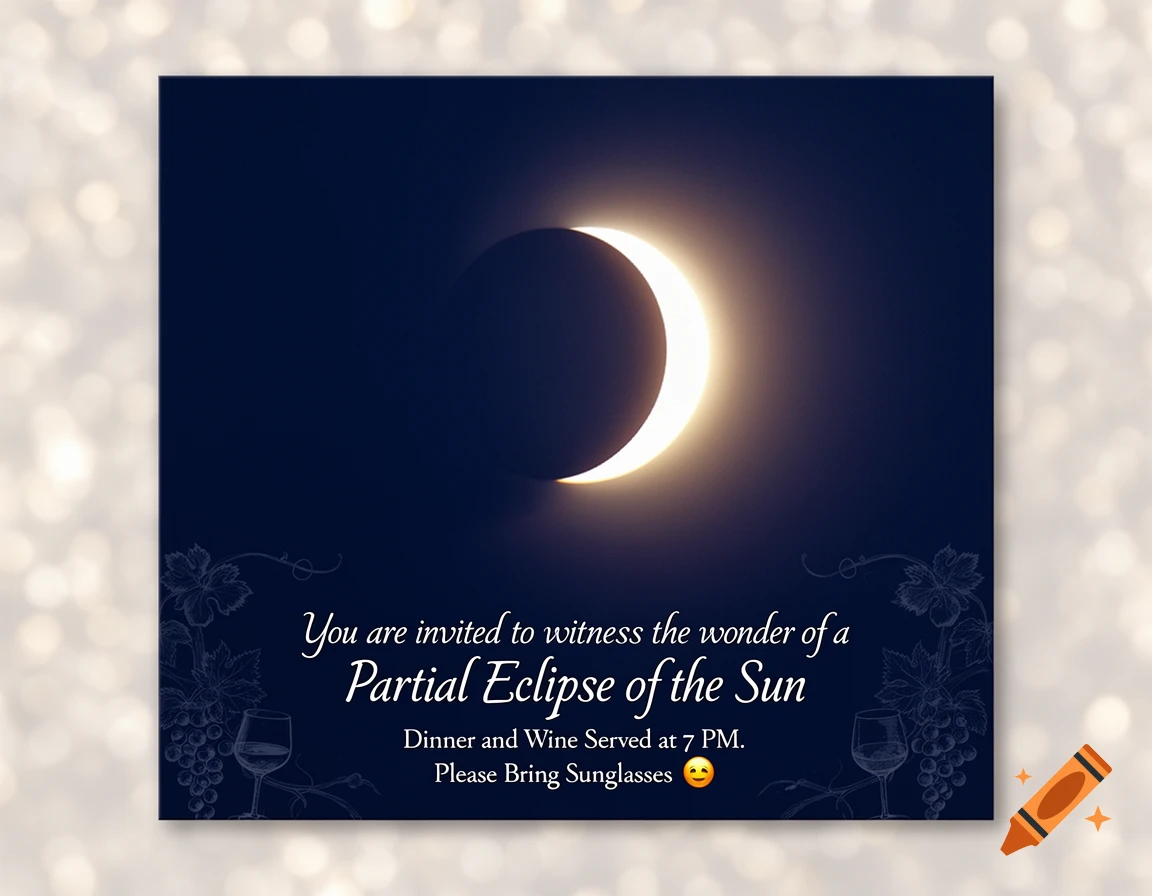Invitation card for a partial solar eclipse viewing event, featuring a crescent sun/moon, grapevines, wine glasses, and event details.