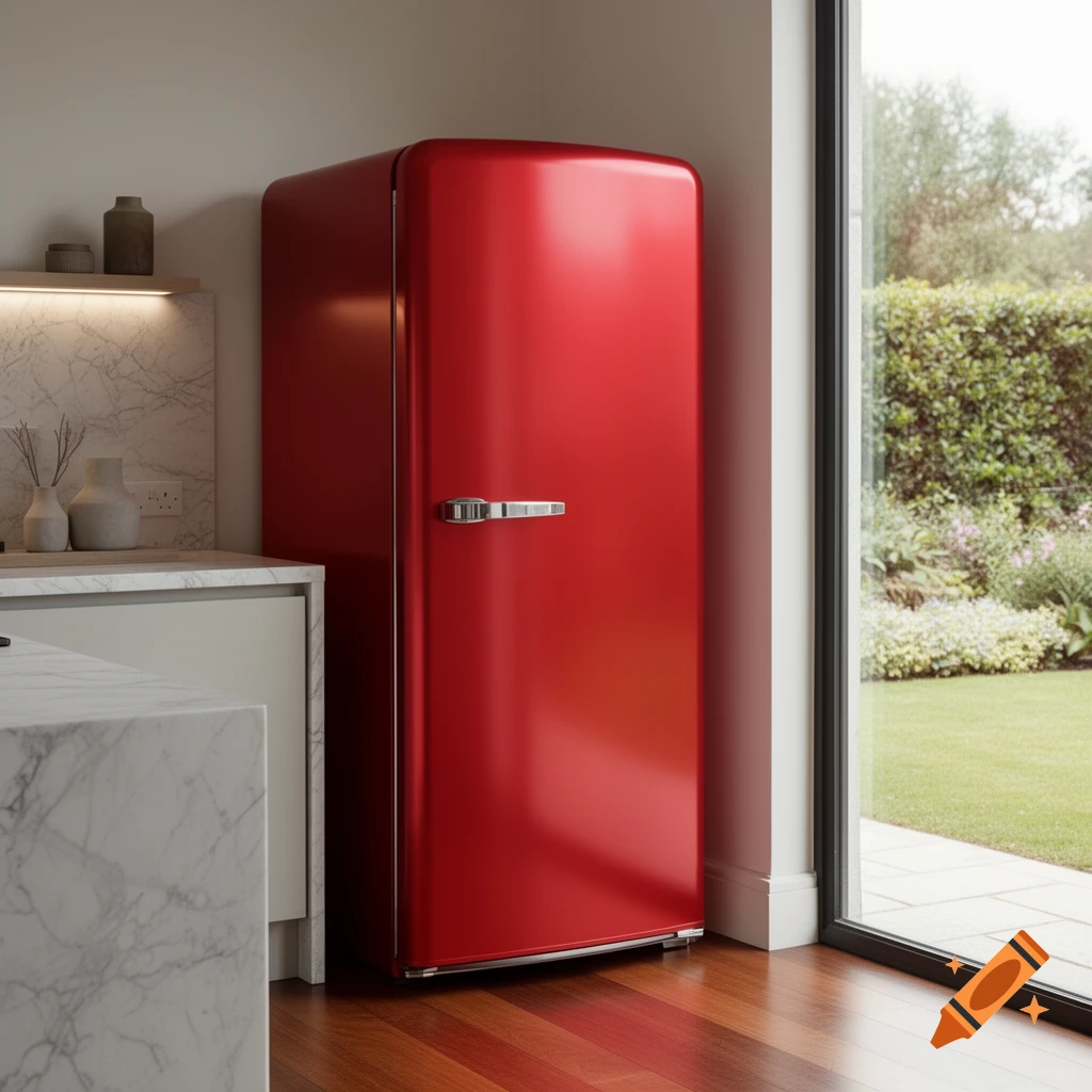 A vibrant red retro refrigerator stands in a modern kitchen with marble countertops, next to a large window overlooking a lush green garden.