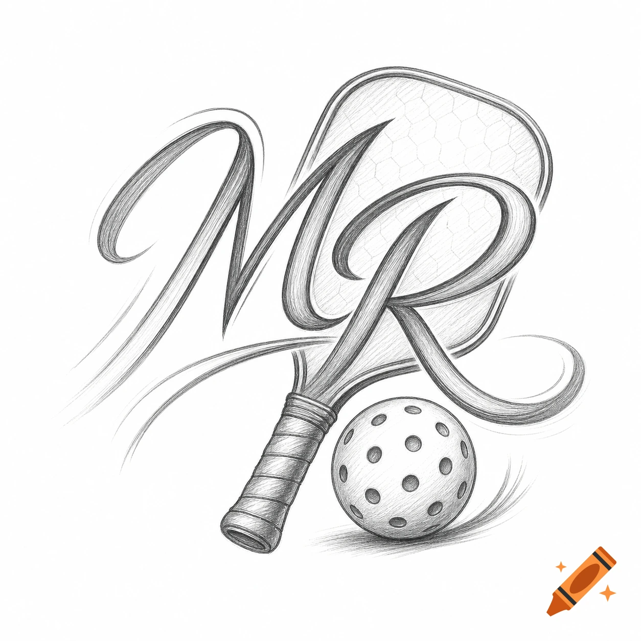 Pencil sketch logo with stylized initials 'MR', a pickleball paddle, and a pickleball ball on a white background.