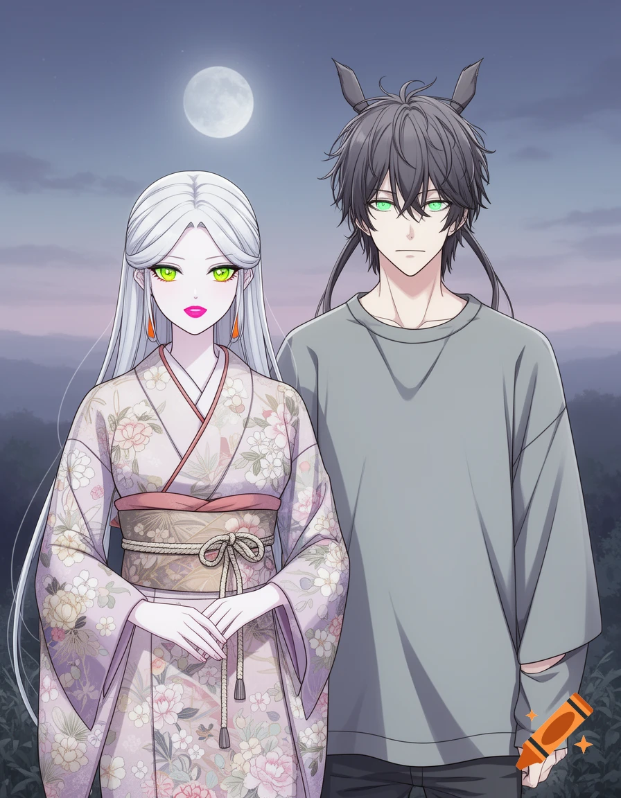 Anime art of a white-haired woman in a floral kimono and a dark-haired man with pointed ears and green eyes, under a full moon.