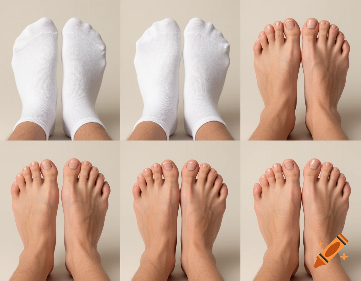 Six pairs of feet shown from an overhead perspective, some wearing white socks and others bare, against a light background.