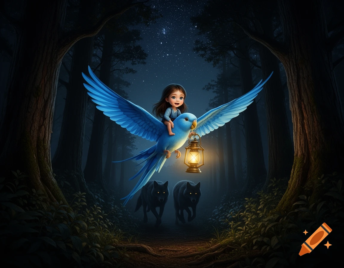 A small cartoon girl rides a large blue bird carrying a glowing lantern through a dark forest at night, with two wolves below.