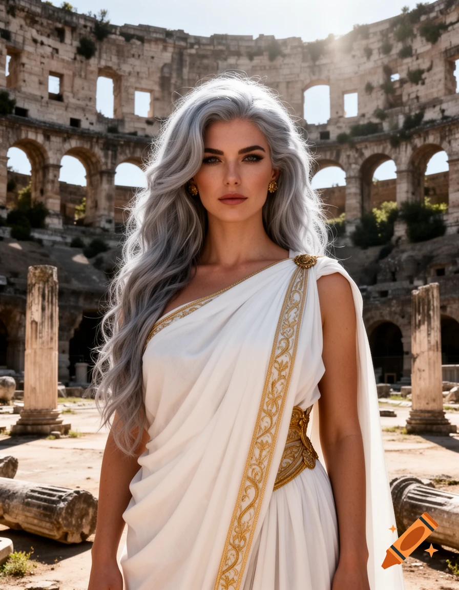 A woman with long silver hair wearing a white and gold Greek-style dress stands in front of ancient ruins.