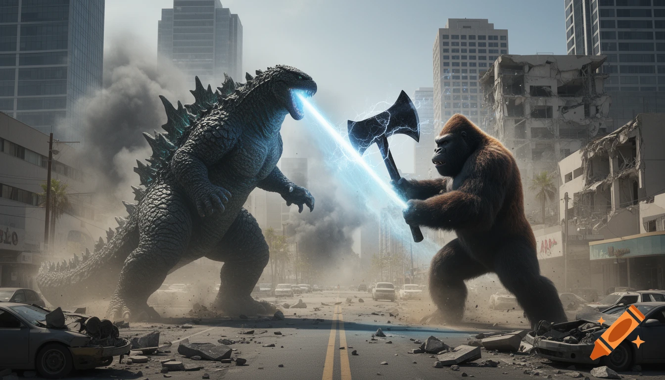 Godzilla fires atomic breath at King Kong, who blocks it with an electrified axe, amidst a destroyed city. Photorealistic style.