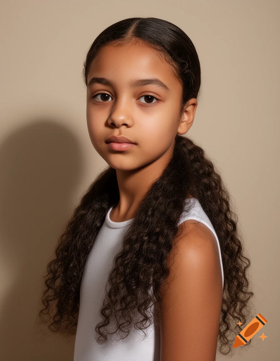 A close-up photorealistic portrait of a young girl with dark, curly hair pulled back, wearing a white shirt against a beige background.