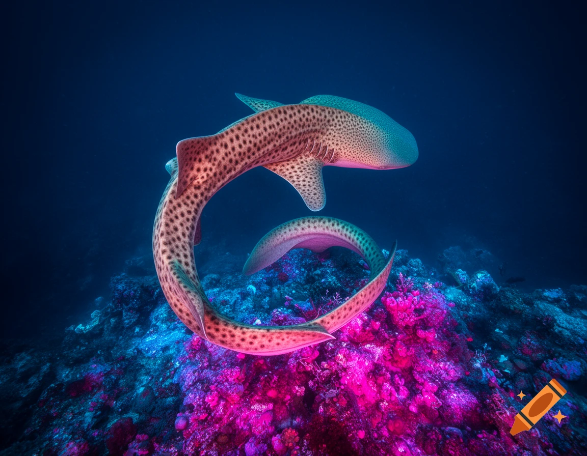 Photorealistic image of a spotted zebra shark swimming in an S-curve over a vibrant, neon pink and electric blue coral reef in deep blue water.