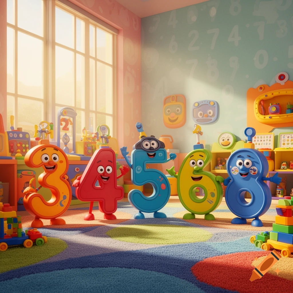 Cartoon numbers 3, 4, 5, 6, and 8 with faces and limbs stand in a colorful playroom with number patterns on the wall.