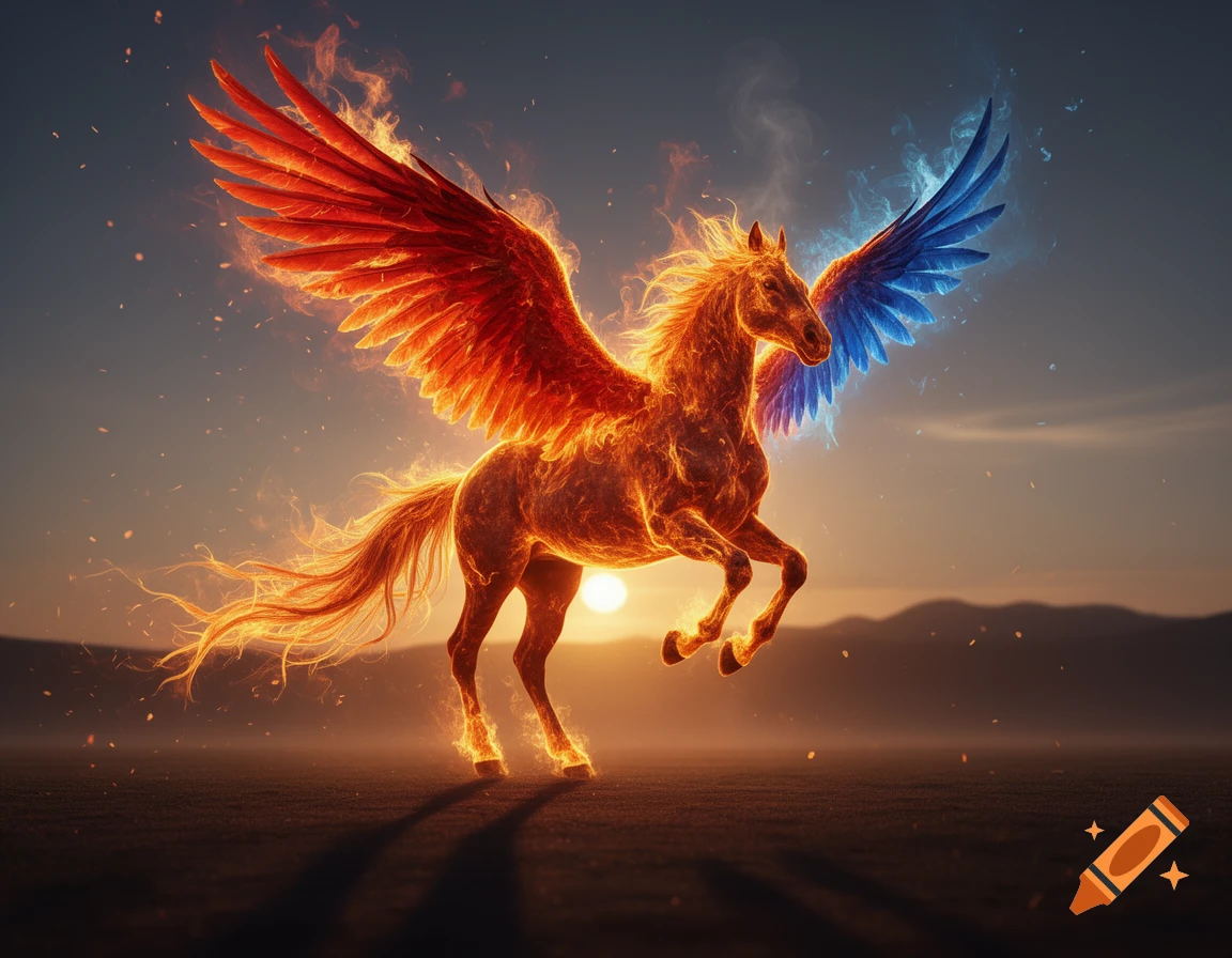 A magnificent fiery winged horse with a red wing and a blue wing rears up in a desert landscape at sunset.