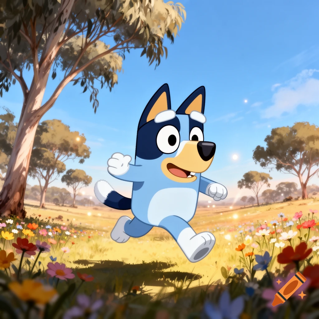 A cartoon blue dog resembling Bluey runs through a field of colorful flowers under a sunny sky.