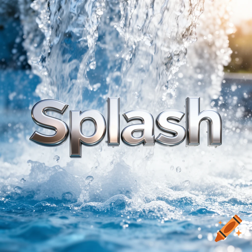 The word "Splash" in shiny silver letters against a dynamic background of splashing blue water, with sunlight in the upper right.