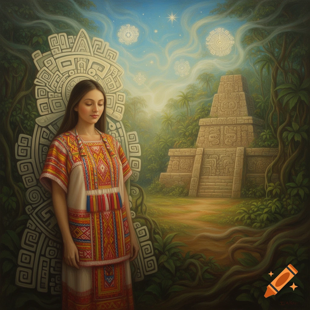 Surrealist painting of a woman in traditional Guatemalan attire in a jungle with a Mayan pyramid and celestial symbols.