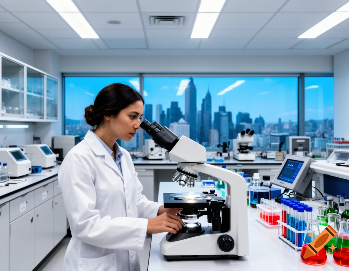 A female scientist in a white lab coat examines samples under a microscope in a modern laboratory overlooking a city skyline.
