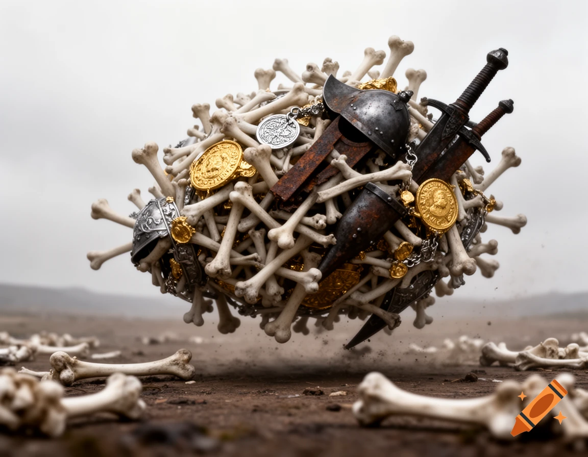 A large, floating ball of bones, medieval weapons, and gold coins hovers above a desolate, bone-strewn ground.