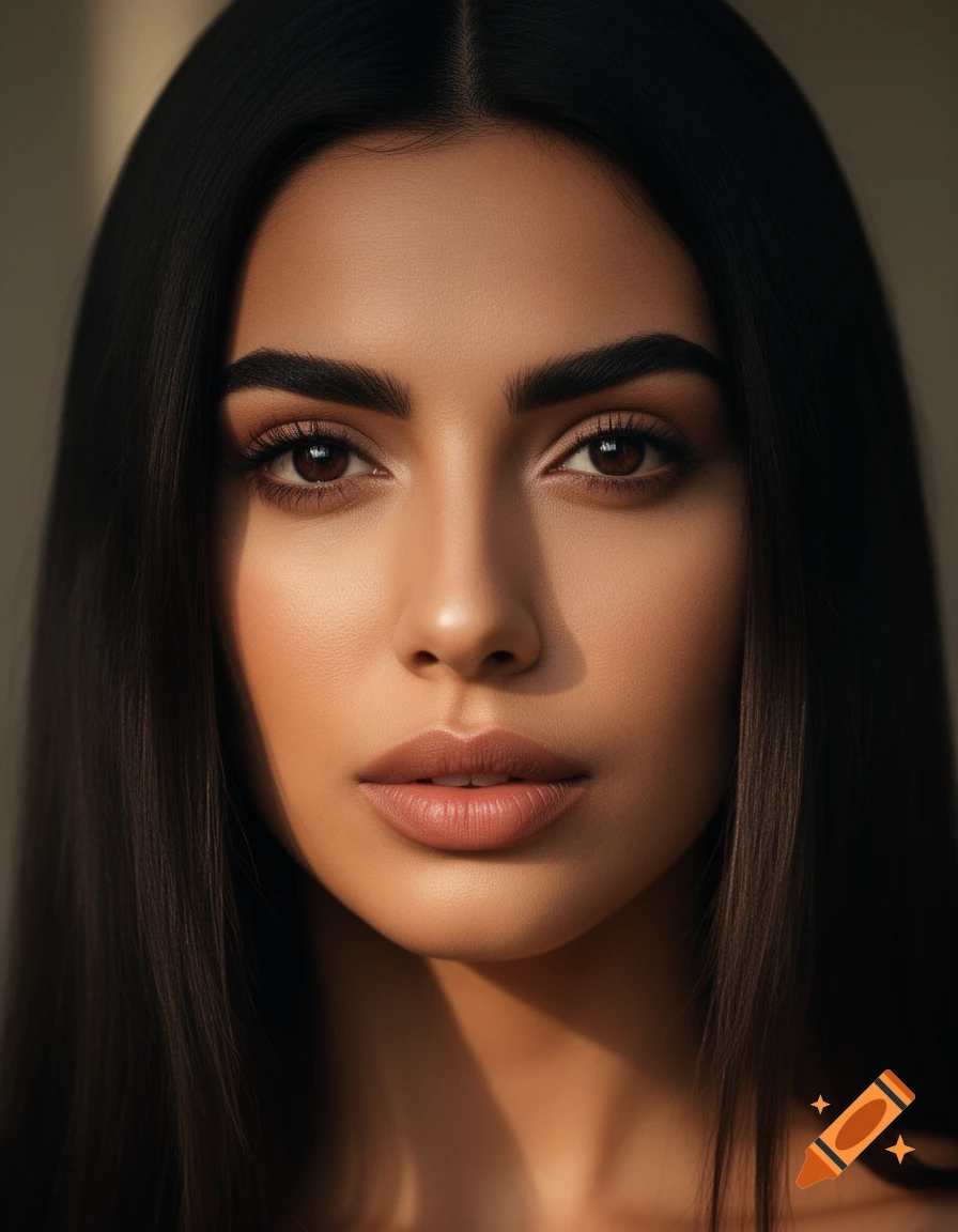 Photorealistic close-up portrait of a woman with dark hair, deep-set eyes, and full lips, illuminated by soft, dramatic lighting.