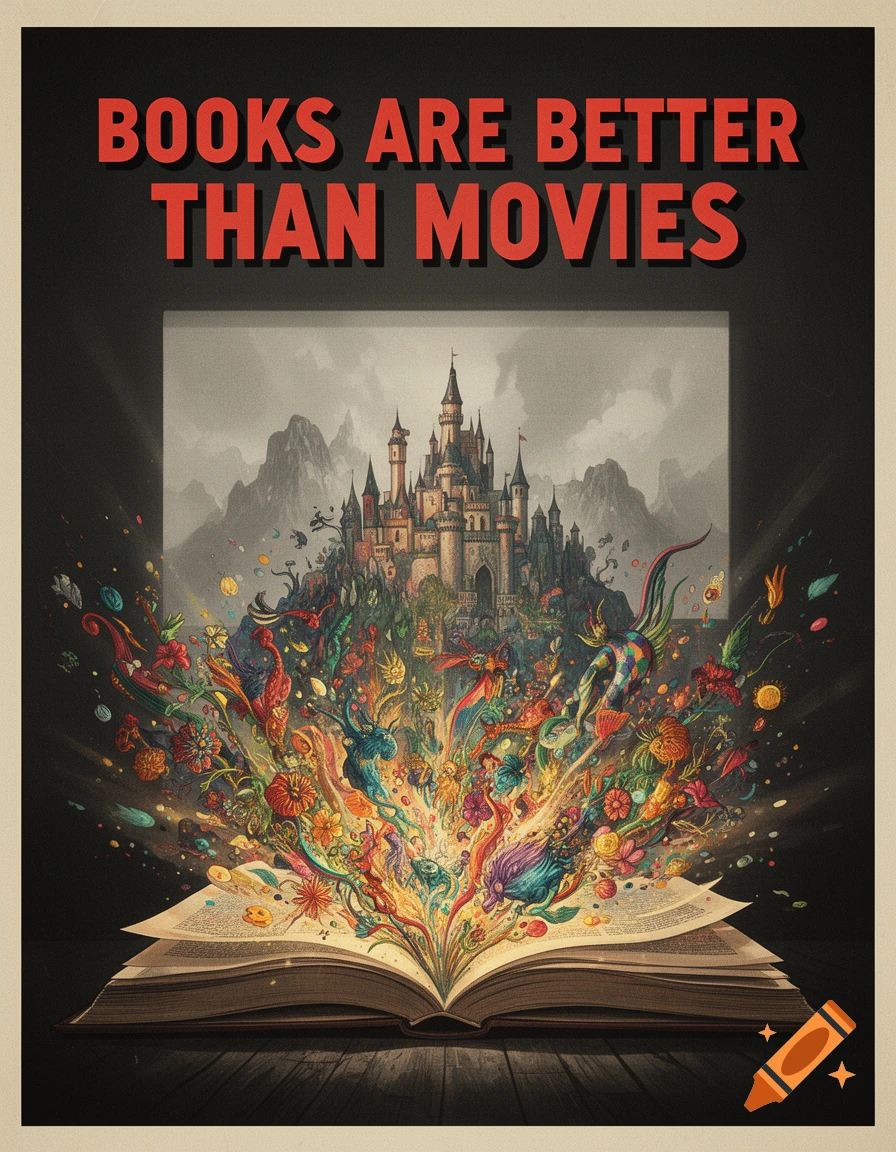 An open book on a dark surface, overflowing with a colorful, intricate fantasy world featuring a castle, above which reads 'BOOKS ARE BETTER THAN MOVIES'.