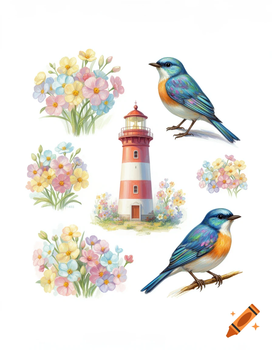 Watercolor clipart featuring a red and white lighthouse, two blue and orange birds, and pastel flowers on a white background.