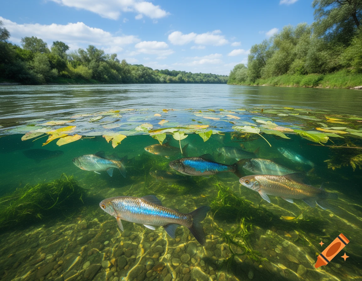 A split-level view of a clear river, showing fish swimming among aquatic plants below the water and lush green trees and a blue sky above.