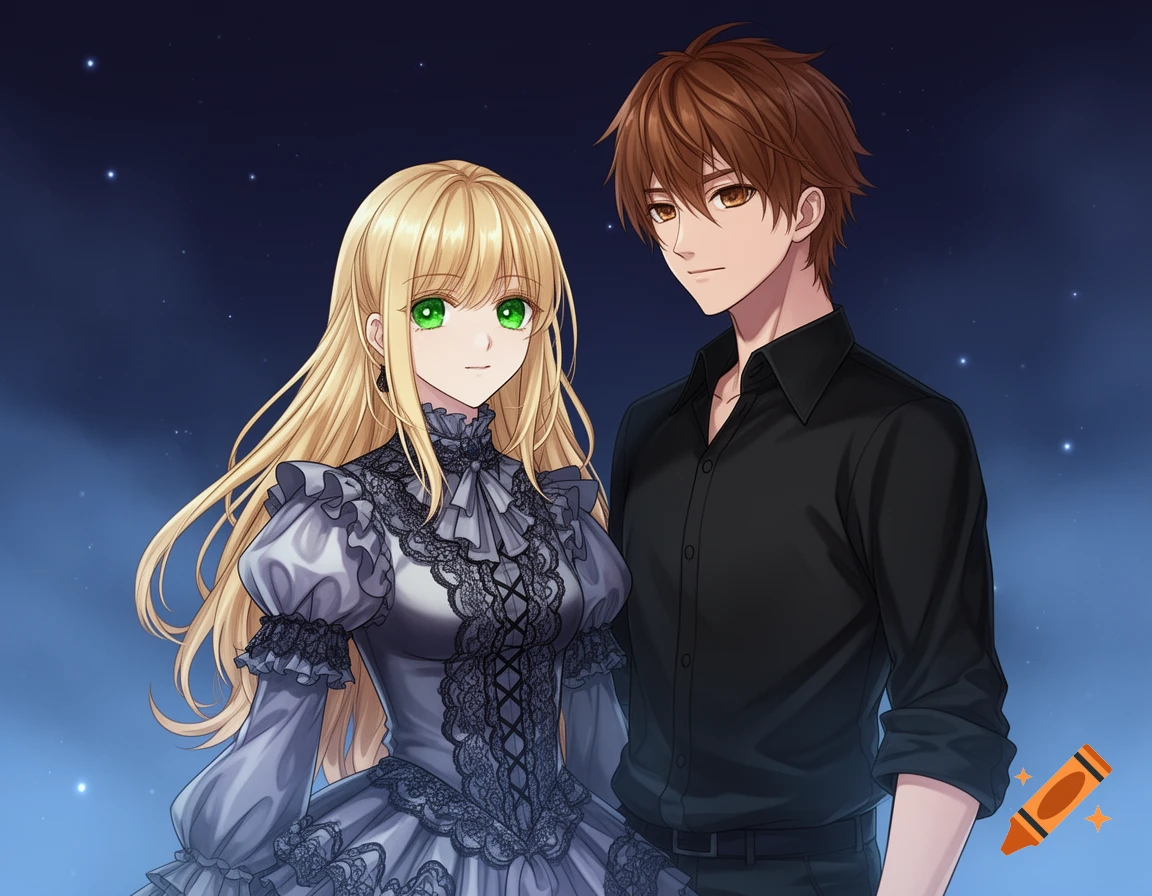 A blonde anime woman in a grey gothic dress stands beside a brown-haired anime man in a black shirt, against a starry night sky.
