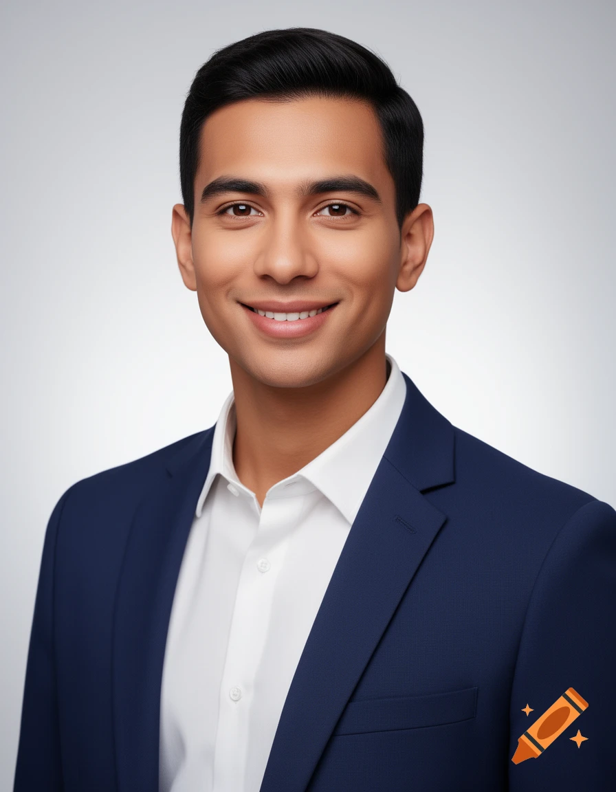 Smiling man in a navy blue suit and white shirt, looking directly at the viewer against a clean, light background.