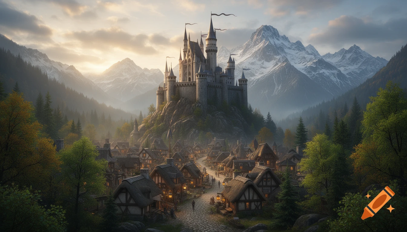 A majestic fantasy castle atop a hill overlooking a medieval town and snowy mountains at sunset.