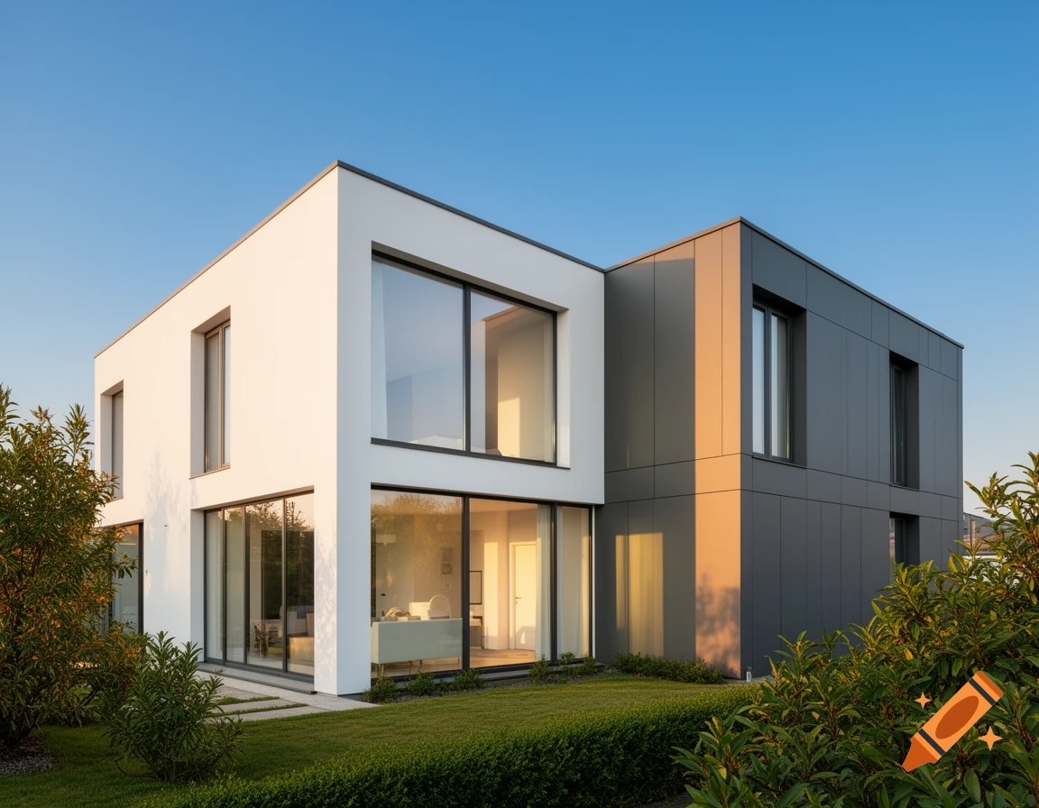 A modern white and dark gray house with large windows, surrounded by green lawn and bushes under a clear blue sky.